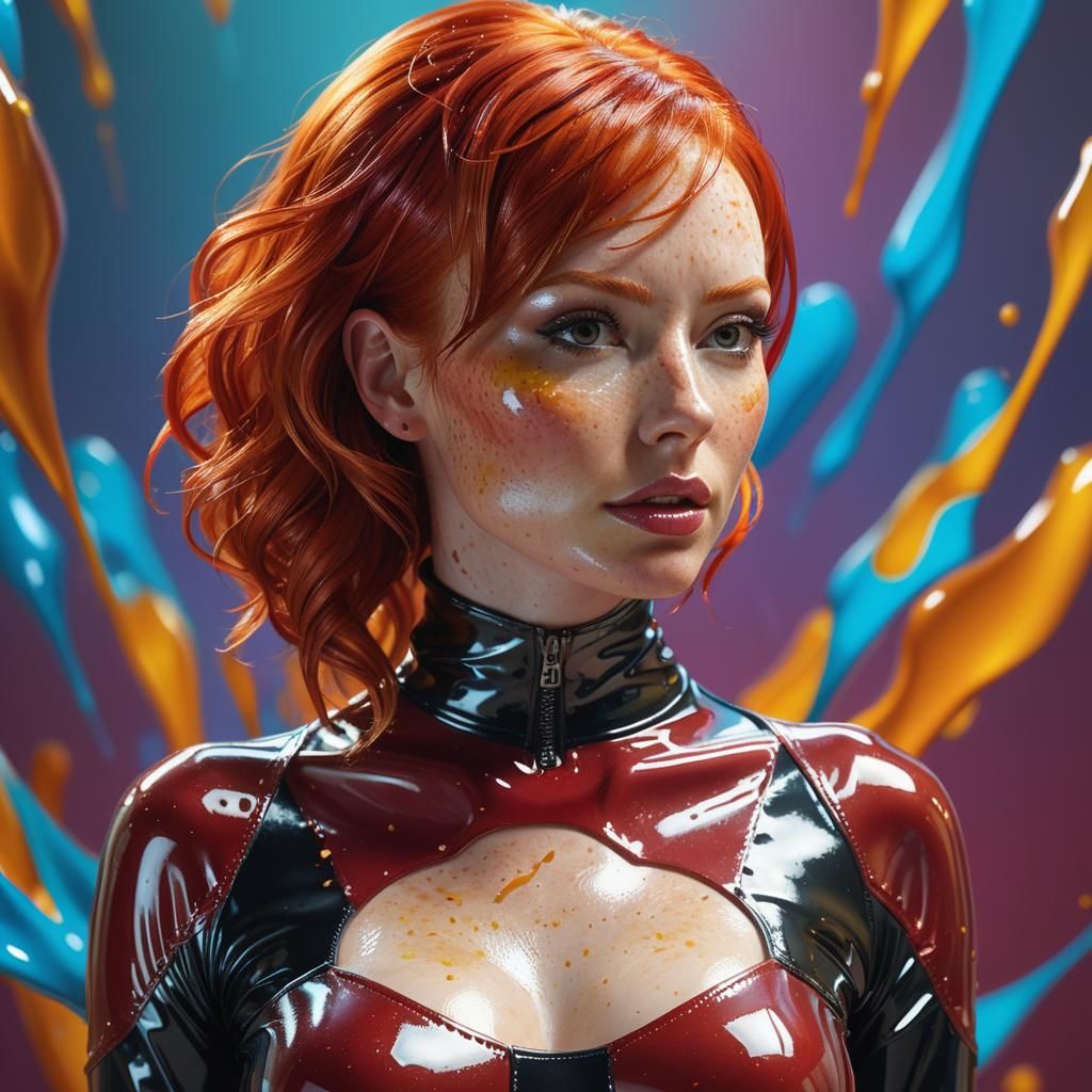 Redhead in Latex: Hyperrealistic Splash Art Portrait