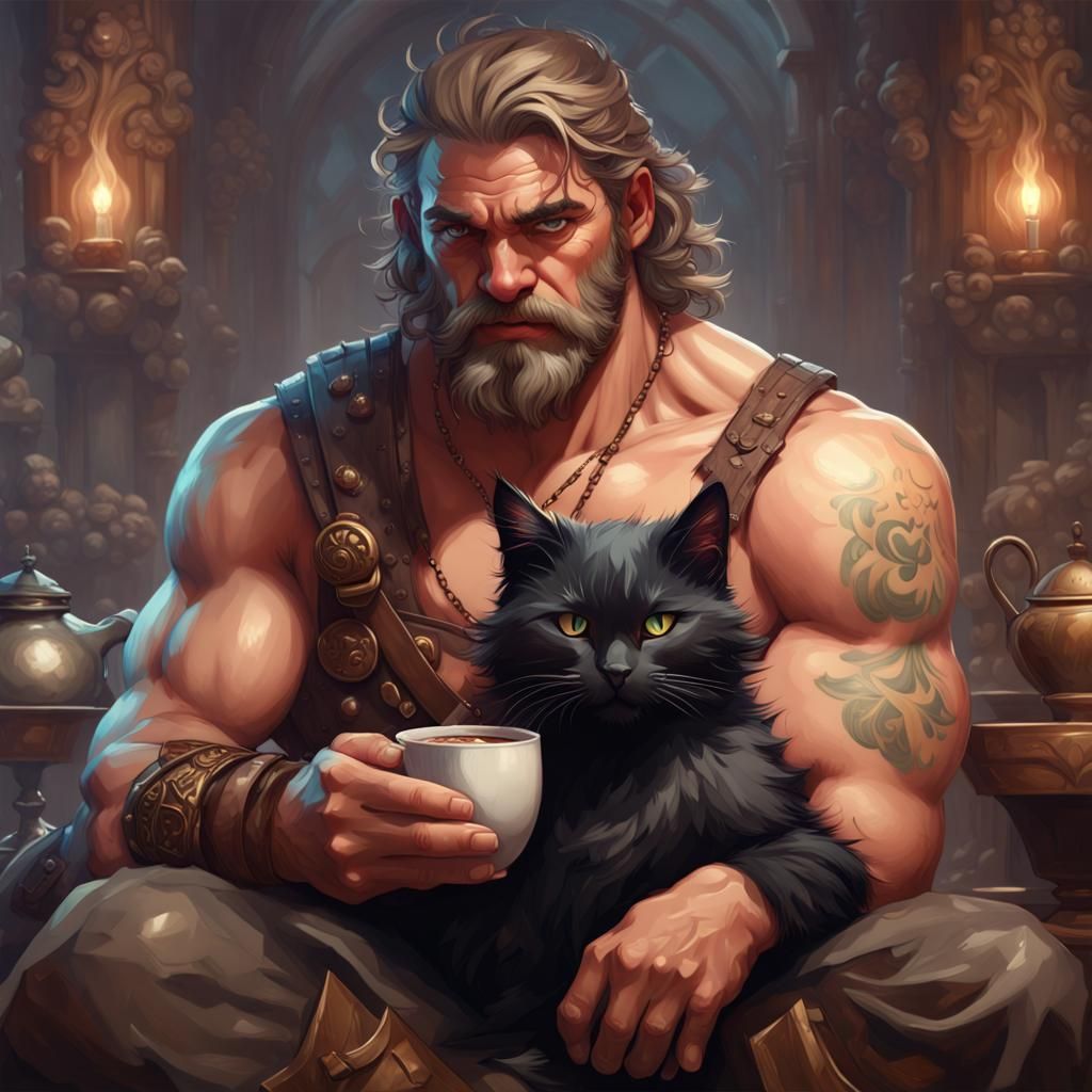 Barbarian and Kitten Portrait in Artstation Style