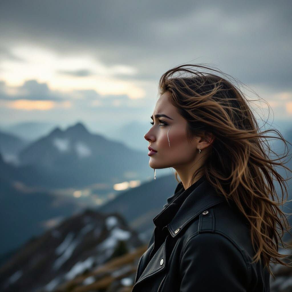 Woman on Mountain Summit With Single Tear