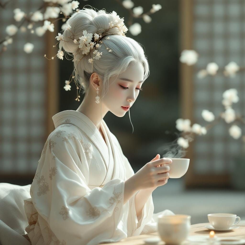 Ethereal Geisha in Minimalist Garden