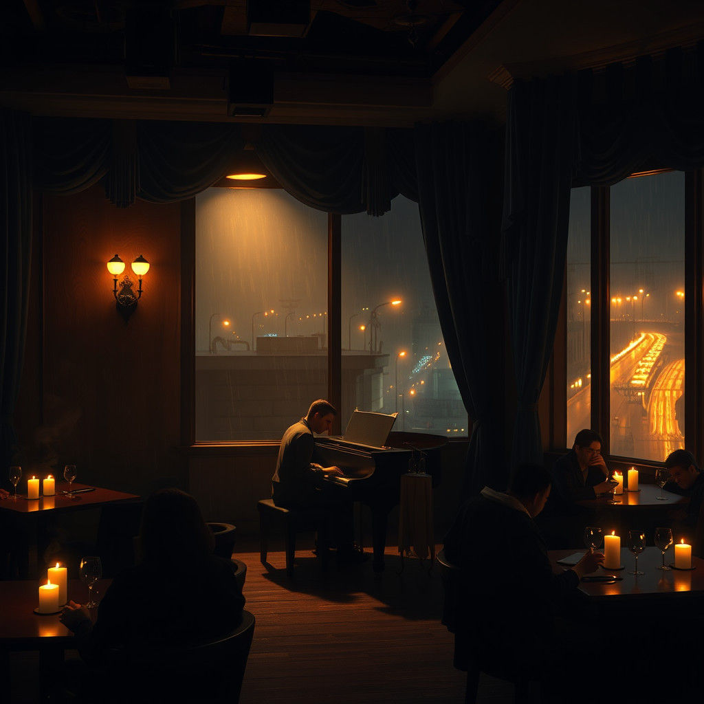 Melancholic Jazz Bar Scene in Painterly Style
