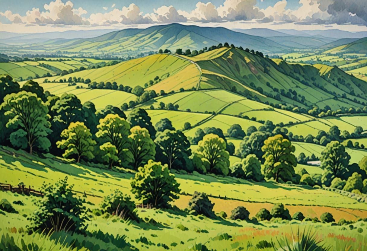 Vibrant Malvern Hills Landscape in Epic Impressionist Style