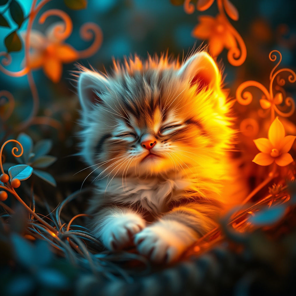 Fluffy Kitten in Dreamlike Landscape, Matte Painting