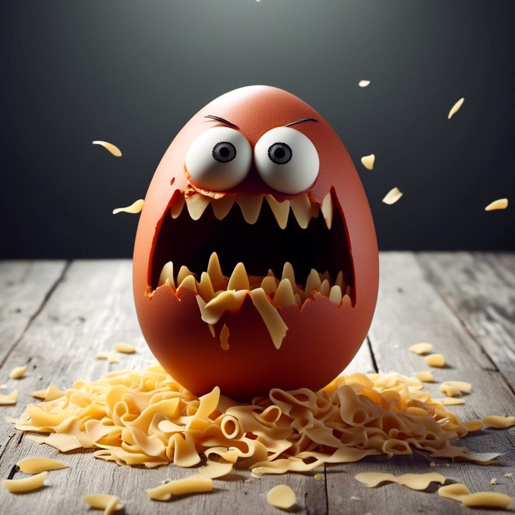 Angry Egg with Pasta on Head