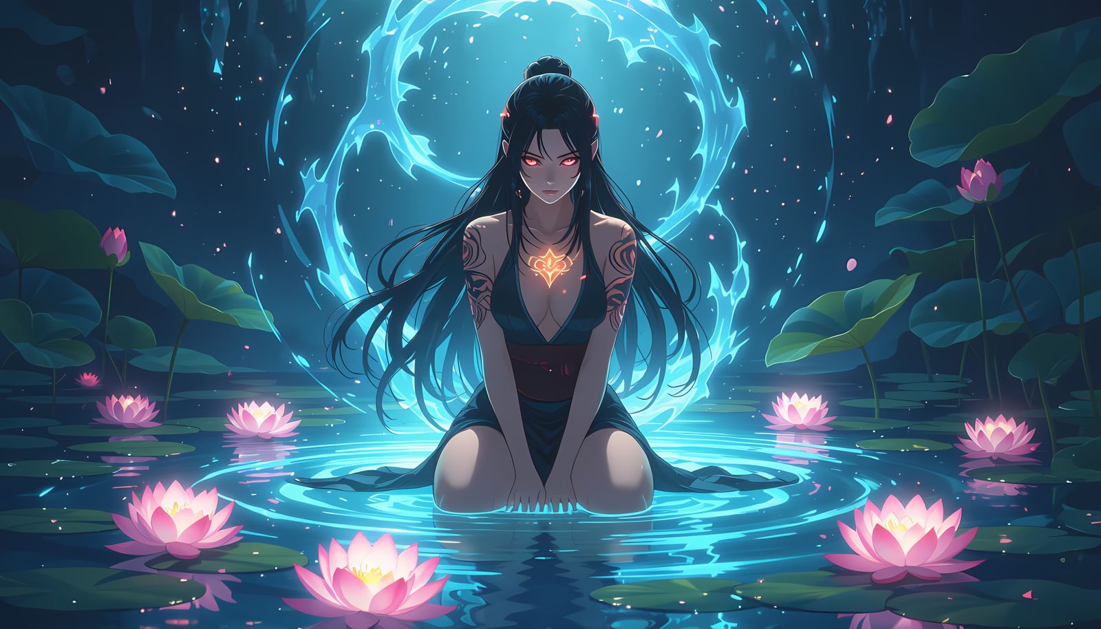 Anime Priestess Kneeling in Luminous Lotus Pond
