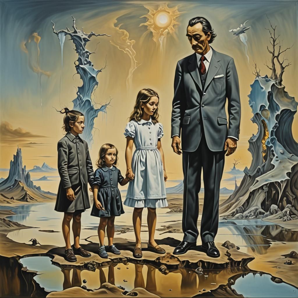 Surreal Family at the Edge: Dali-esque Oil Painting
