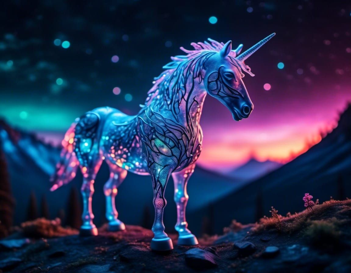 Bioluminescent Unicorn with Crystal Filigree
