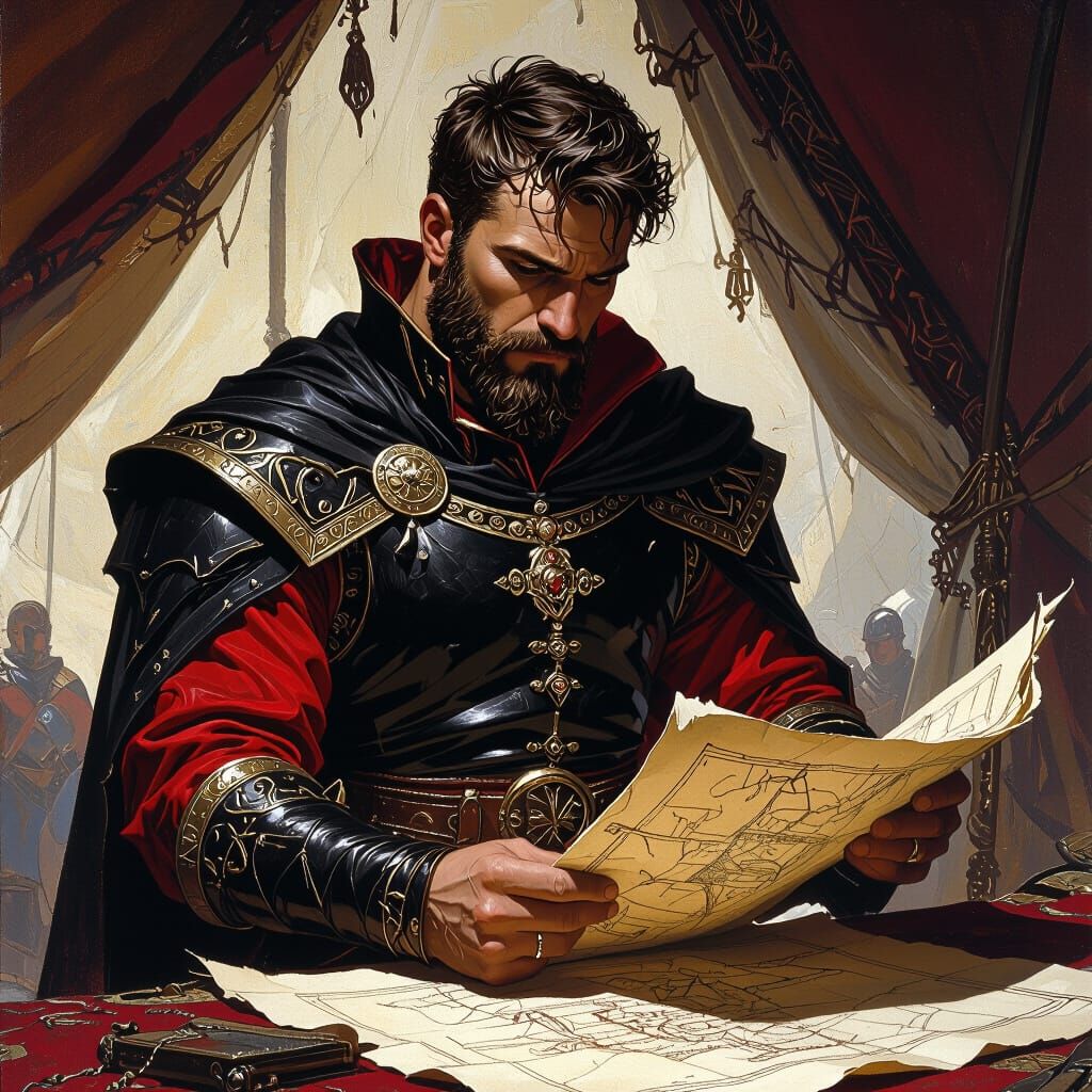 Medieval Noble Studying War Map in Tent