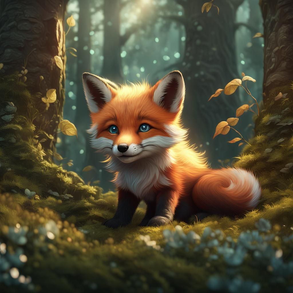 Adorable Fox Cub in Forest: Fantasy Concept Art