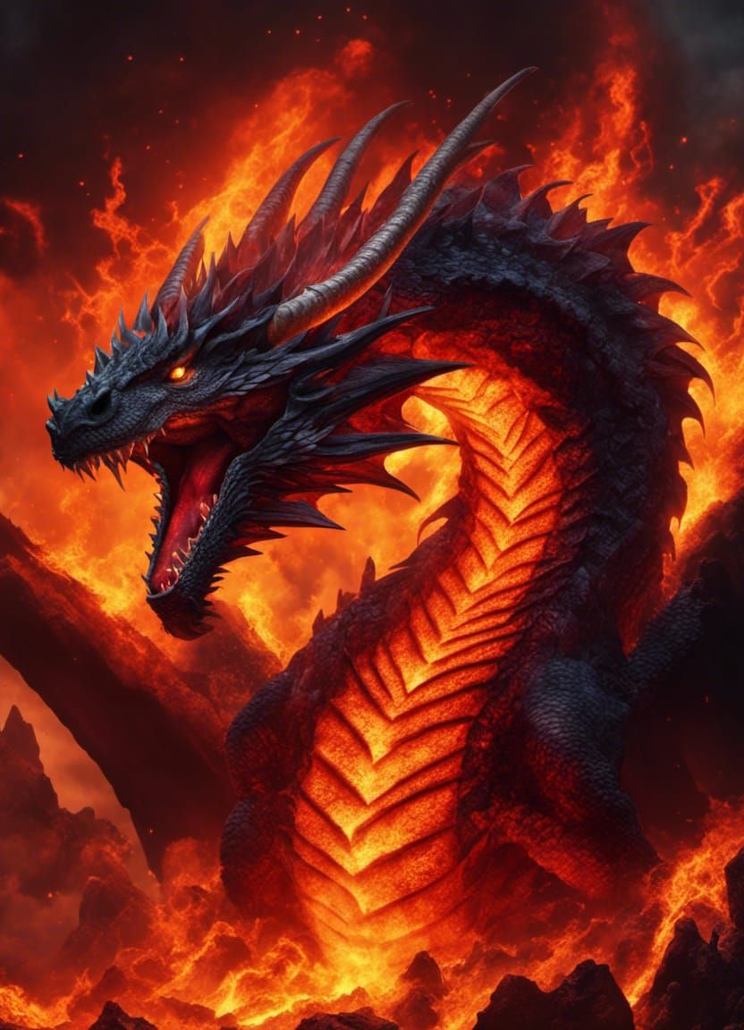 Magma Dragon in Hell with Burning Lava