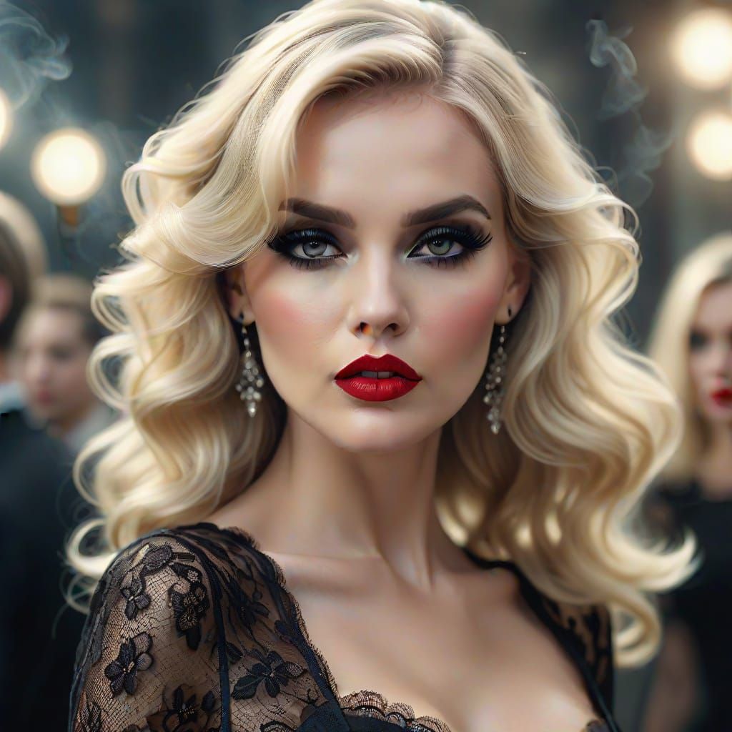 Elegant Woman in Black Lace, Smoky Eyes, and Red Lips