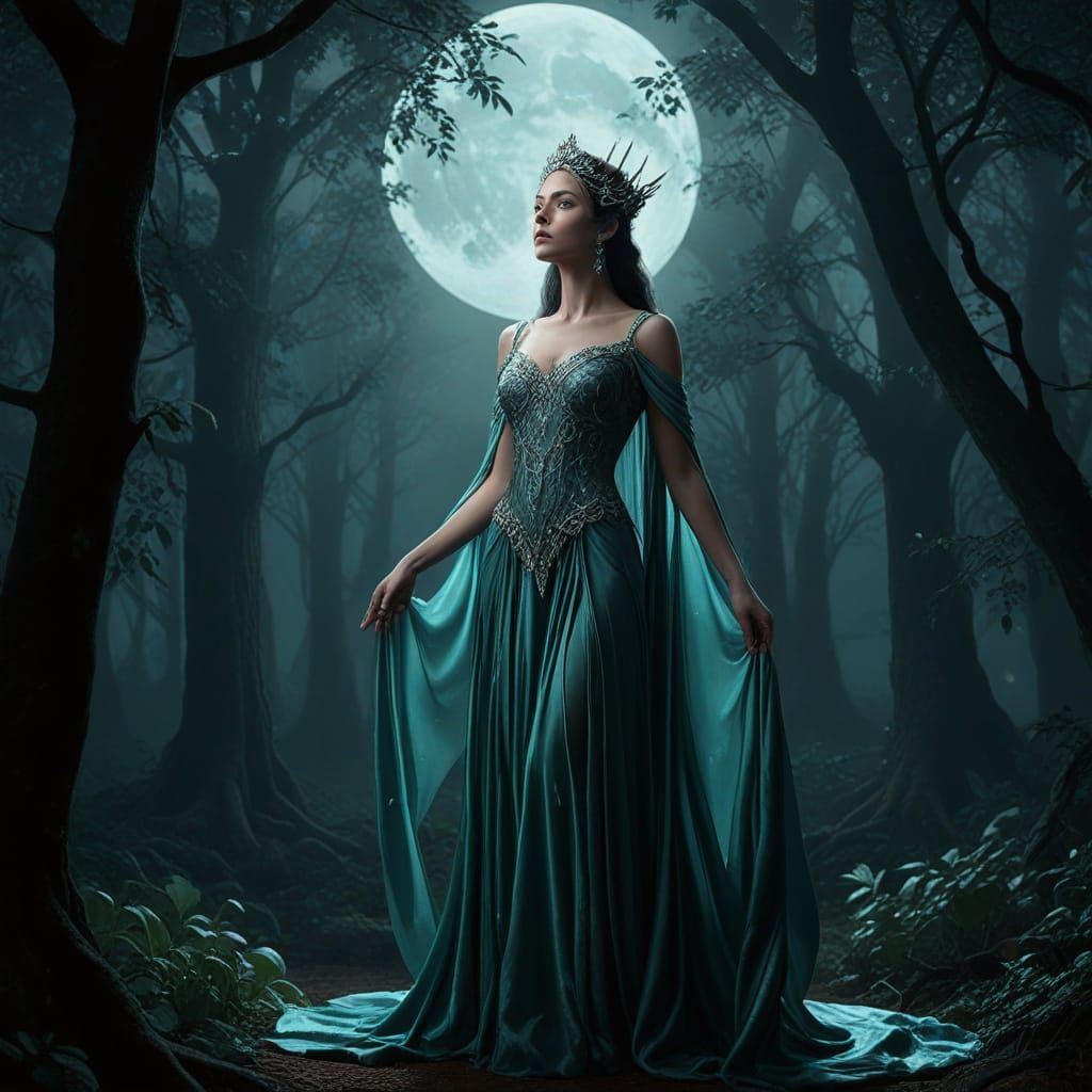 Elven Queen Under Moonlit Canopy: Fantasy Art