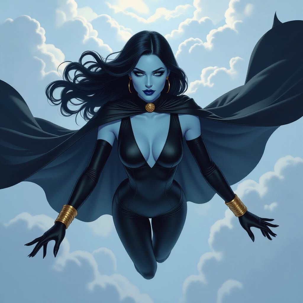 Celestial Blue-Skinned Woman in Flight