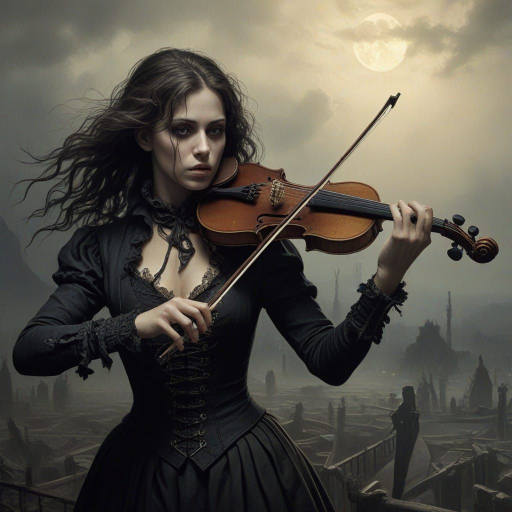 Mysterious Gothic Violinist in Darkened Cathedral