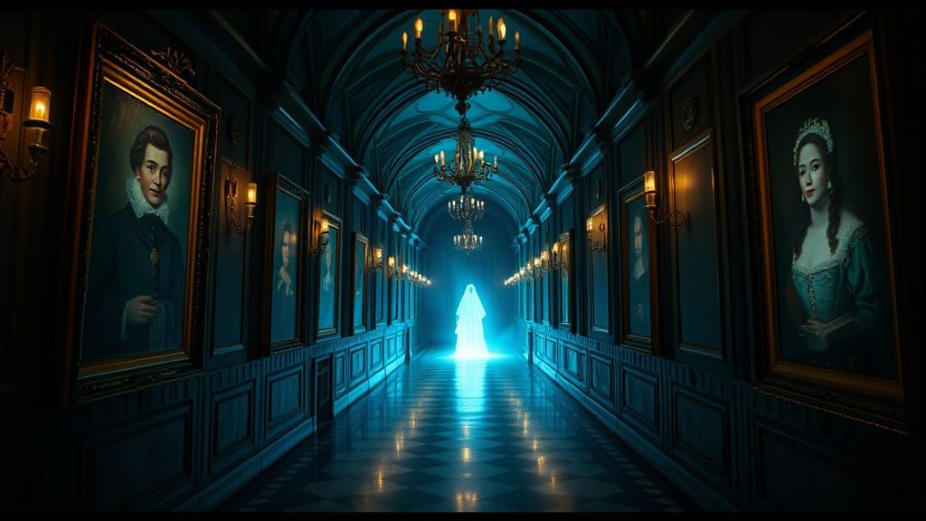 Glowing Portraits Haunt Gothic Castle Corridor