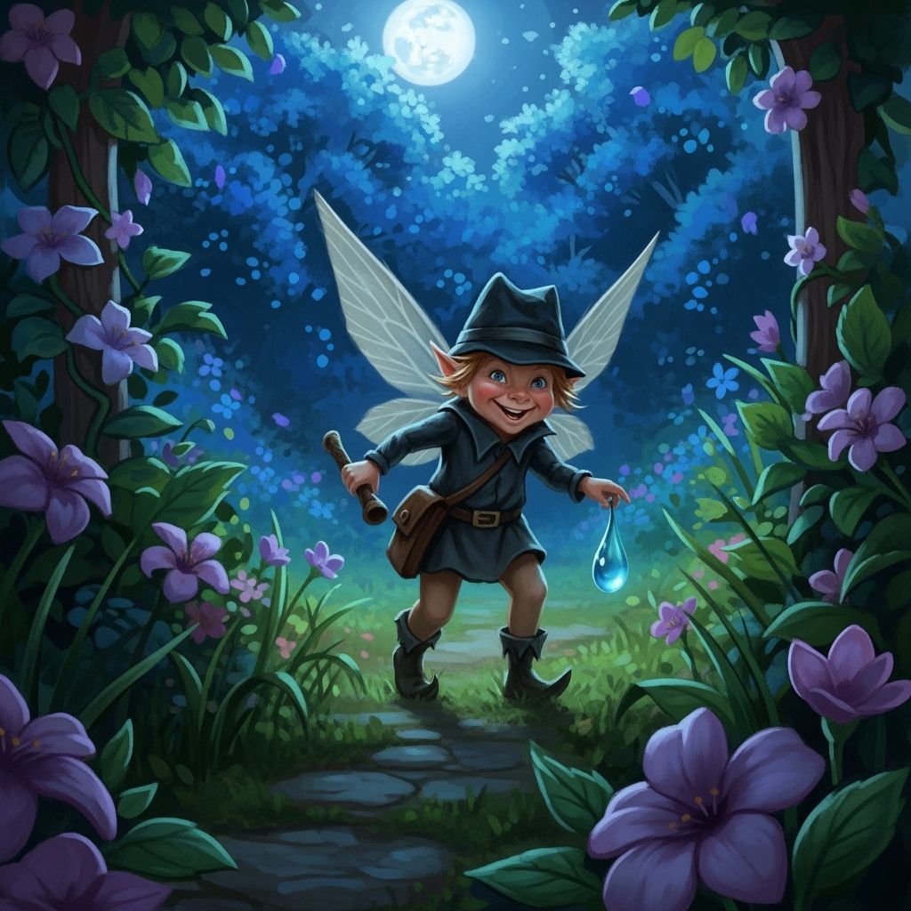 Sprite Burglar Stealing Dewdrop in Moonlit Garden