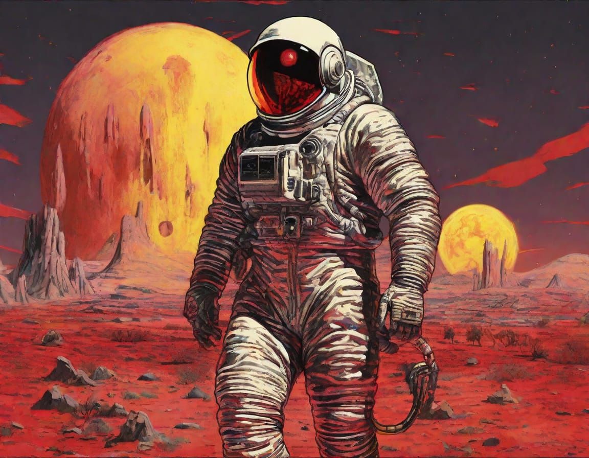 Fearless Space Explorer in Crimson Martian Ruins