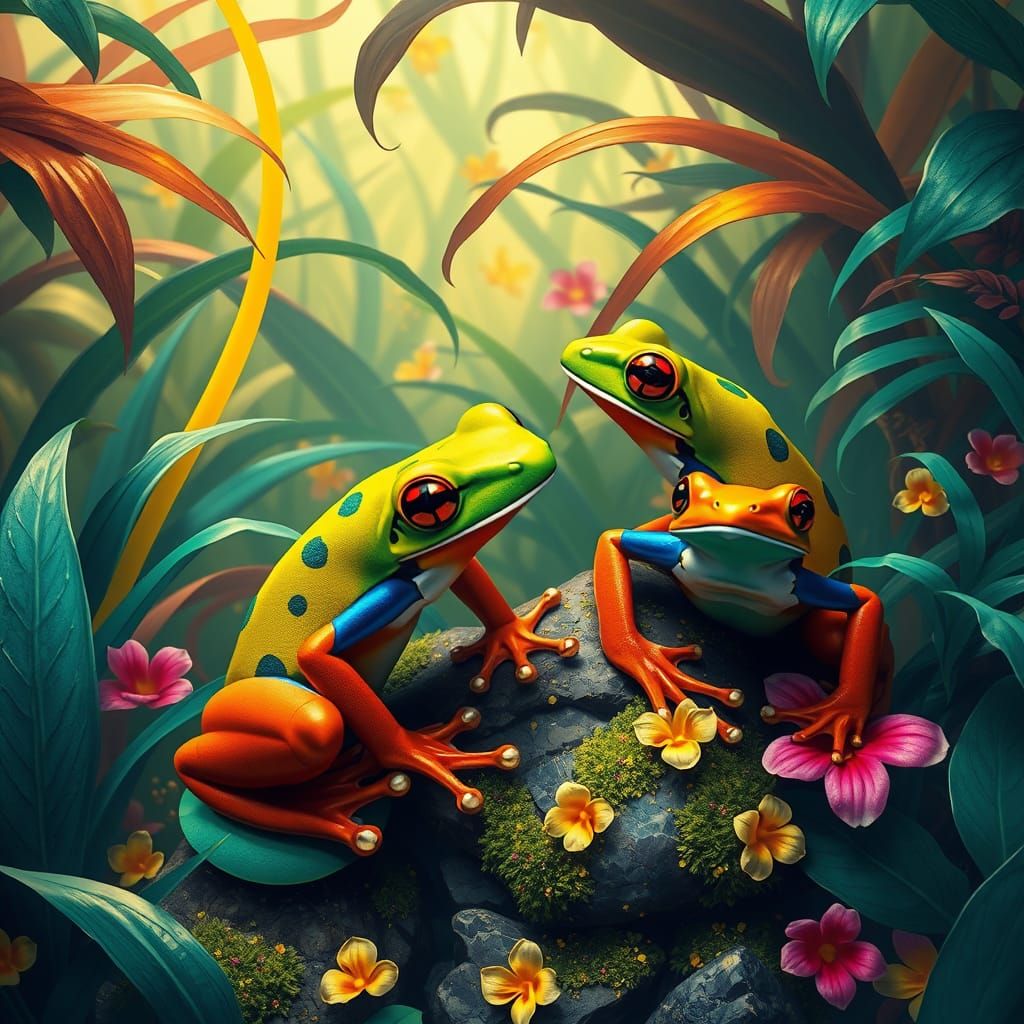 Exuberant Harlequin Frogs Dance Amidst Jungle Vibrancy