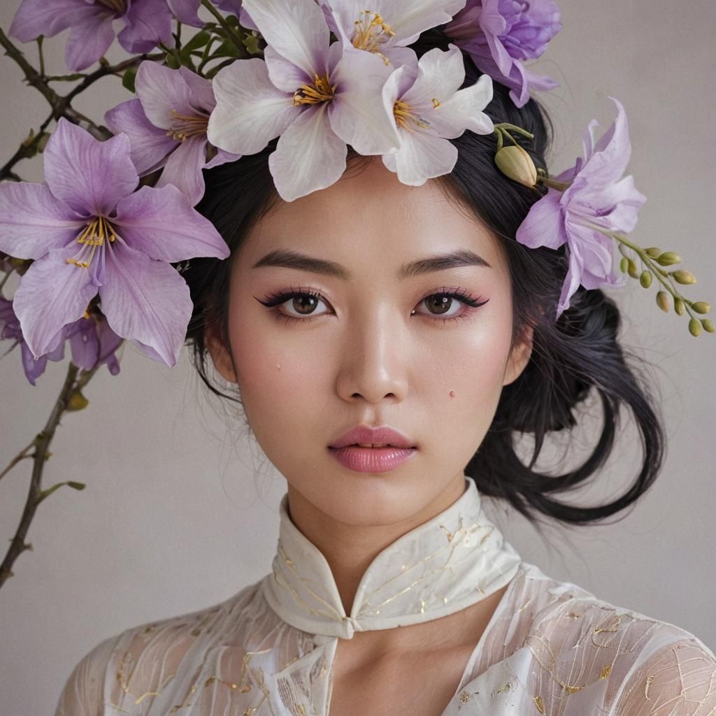 Ethereal Asian Woman with Purple Flower, Surreal Art