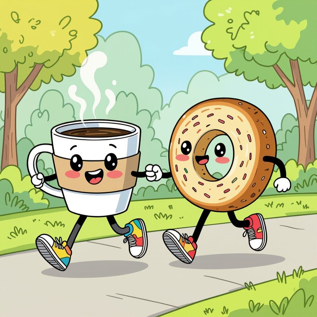 Cartoon Coffee and Bagel Run in Harmony