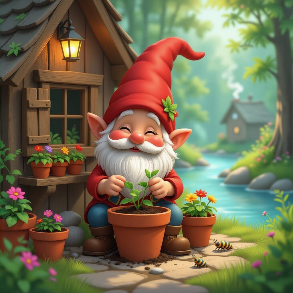 Charming Chibi Gnome Tending Plants in Potting Shed