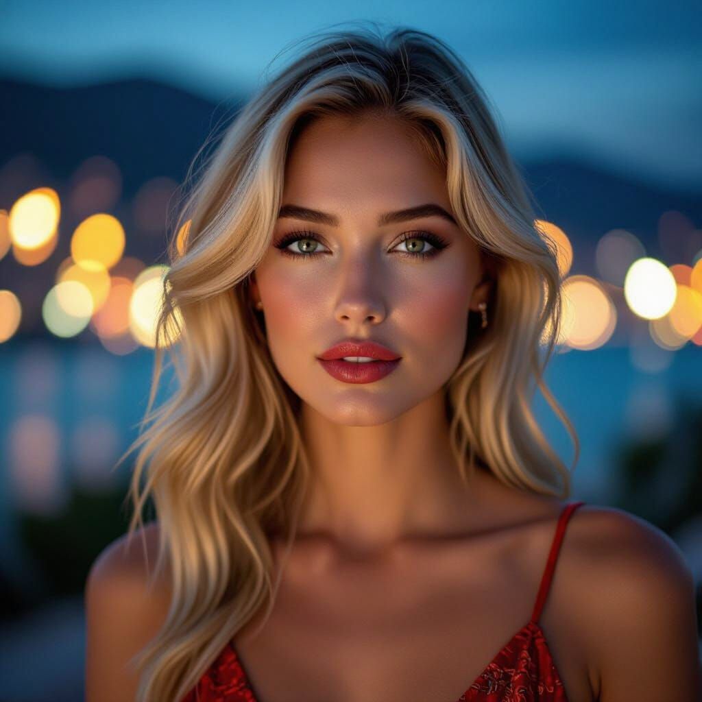 Elegant Blonde Lady in Studio Photo with Red Highlights