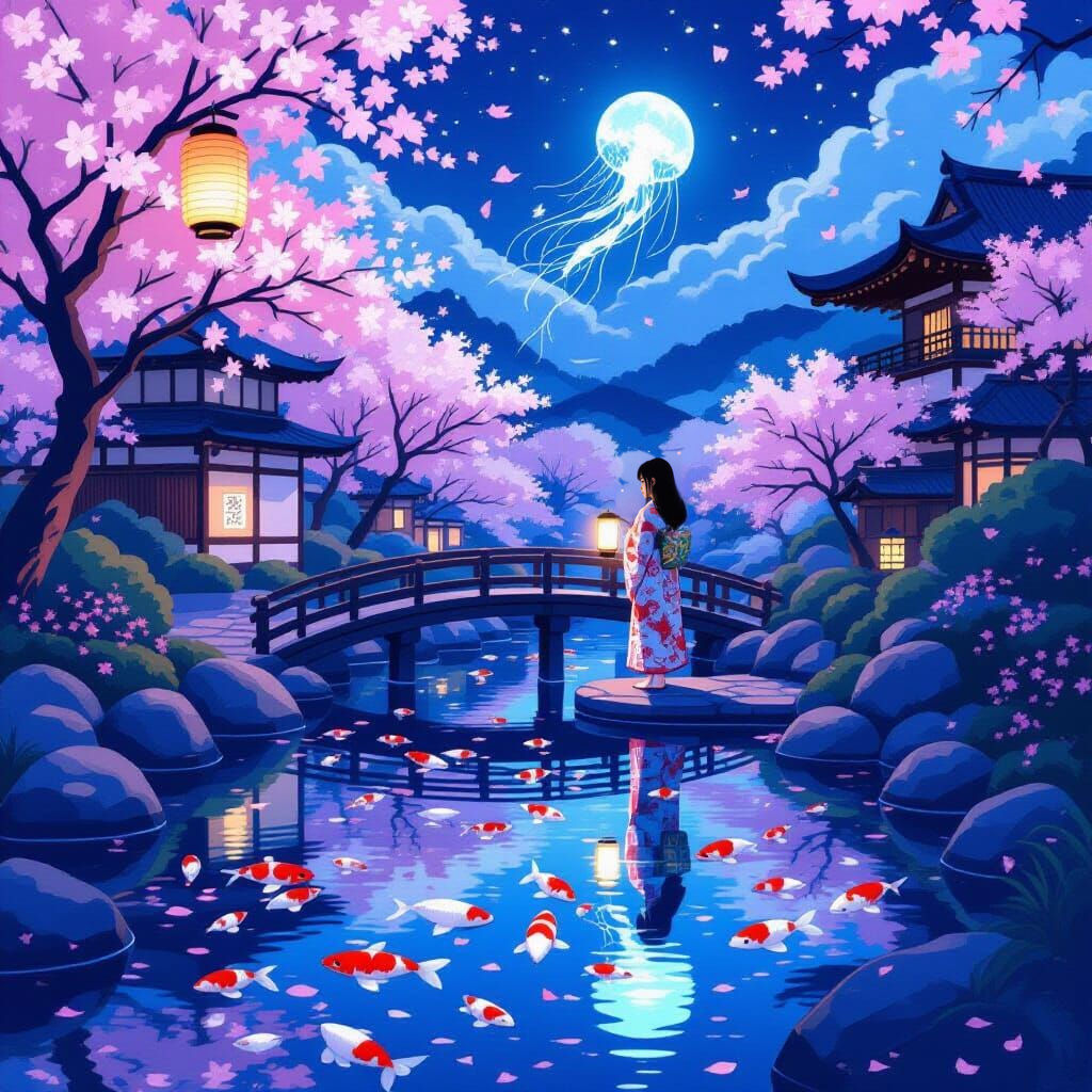 Magical Twilight Japanese Garden with Bioluminescent Jellyfi...