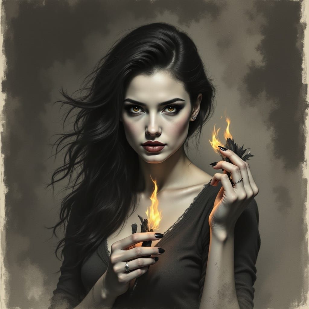 Mystical Woman with Flame in Charcoal Sketch