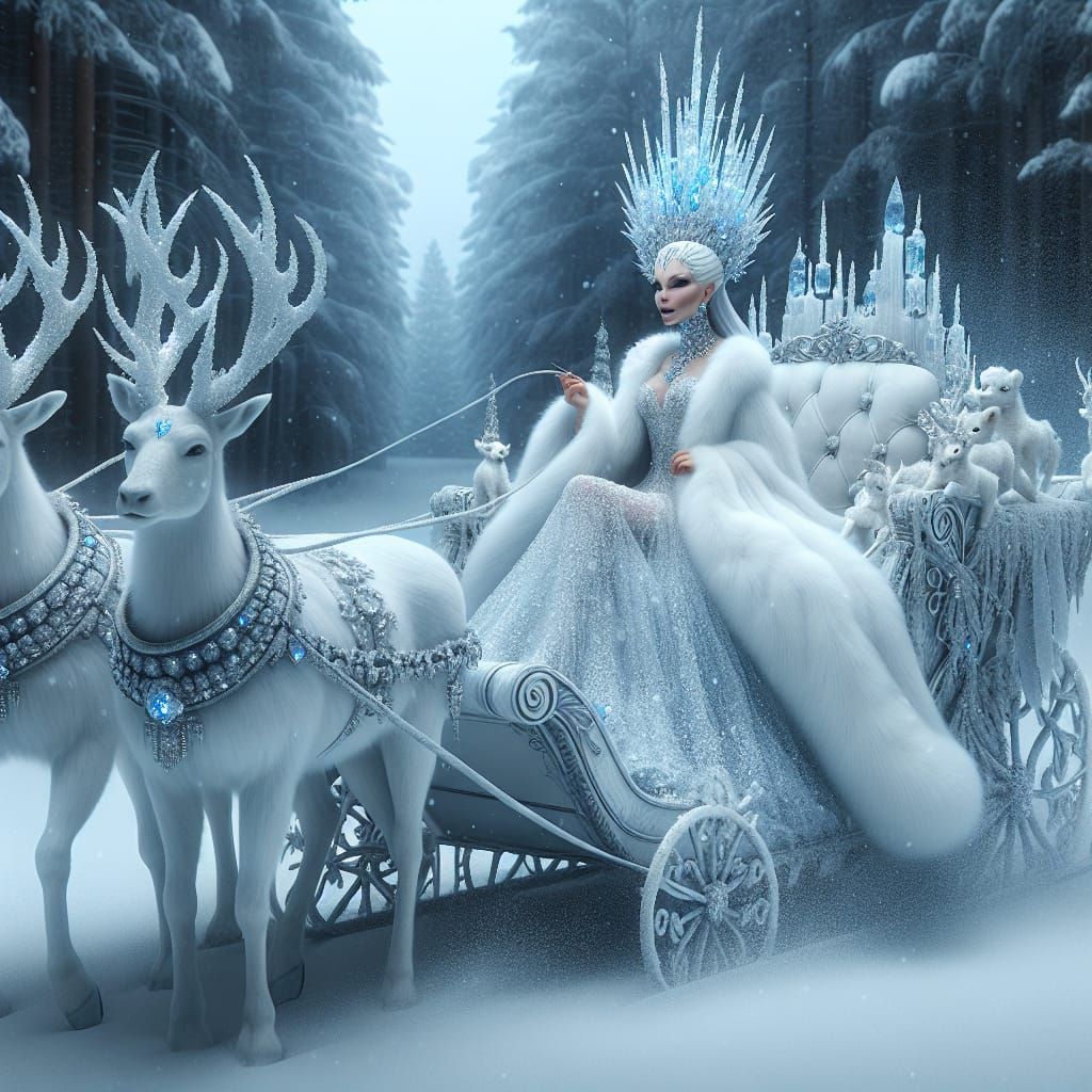 Hyperrealistic Ice Witch in Sleigh Through Snowy Forest