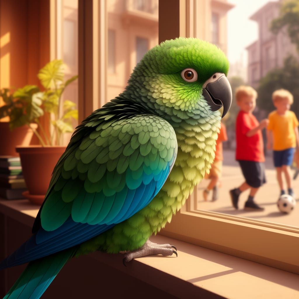 Vibrant Parrot Watches Joyful Children Play Soccer