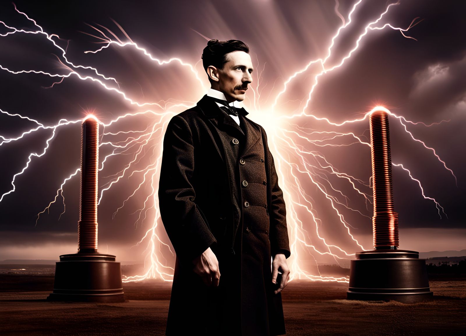 Nikola Tesla and Tesla Coil with Lightning