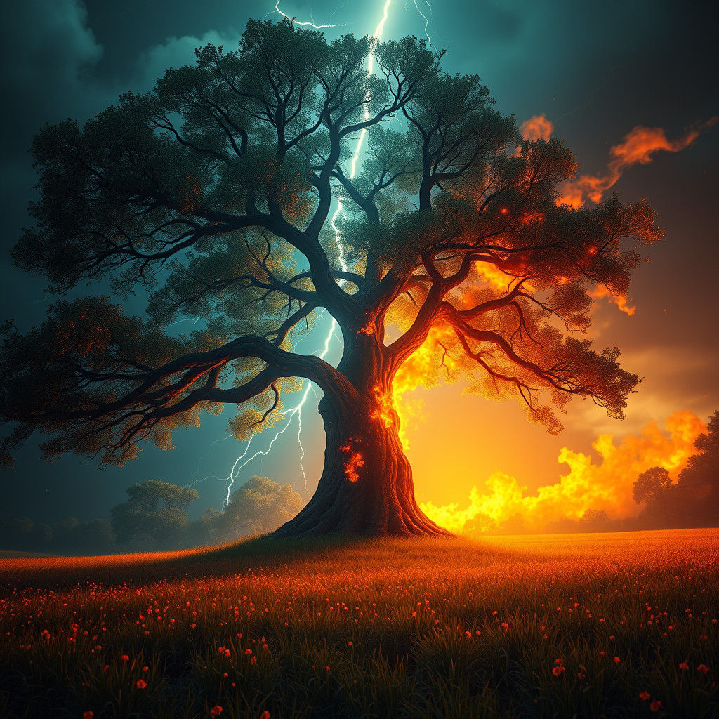 Tree Engulfed in Flames by Lightning Strike