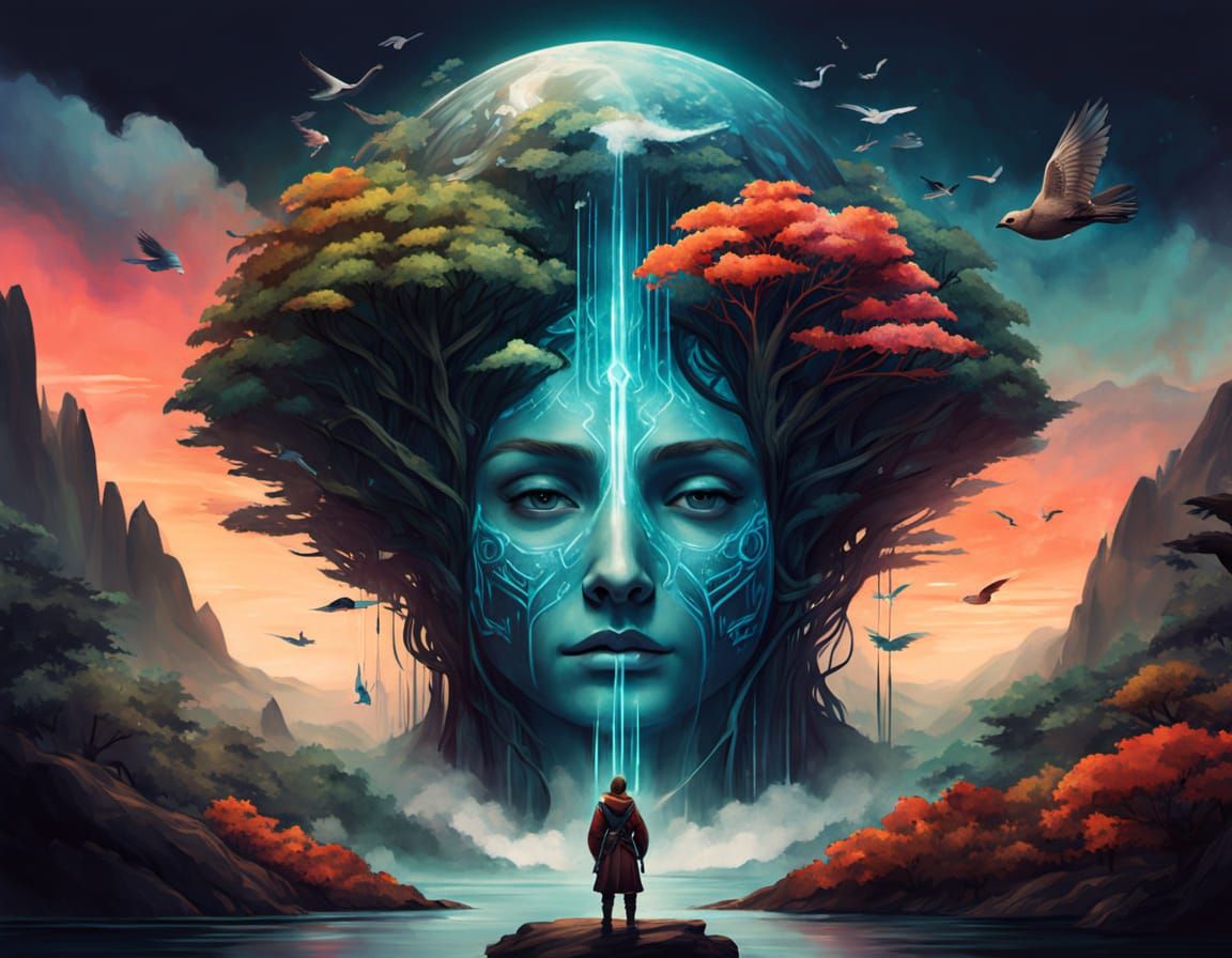 Lush Forest Scene with Druid in Watercolor Style