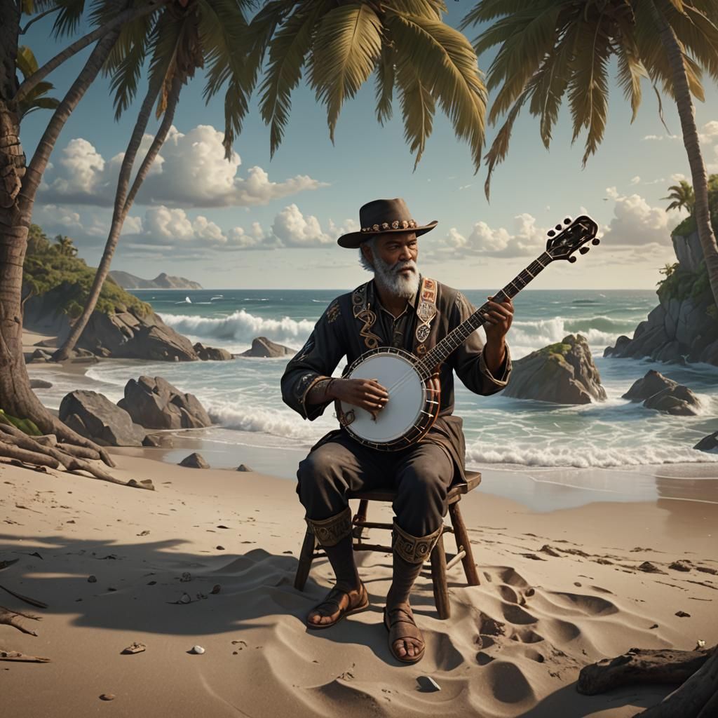 Man on Beach Playing Banjo: Fantasy Concept Art