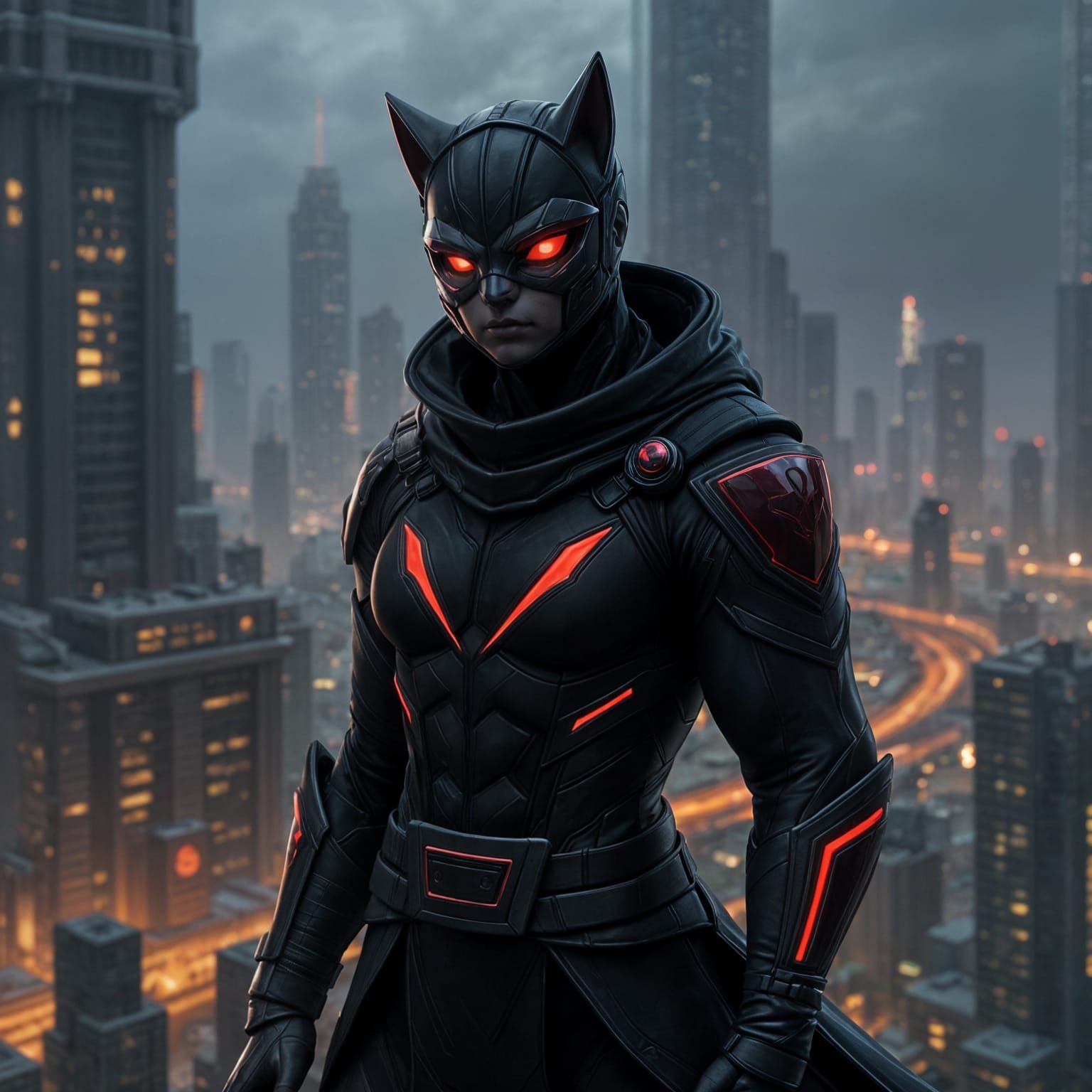 Crimson-Accented Figure on Skyscraper at Night