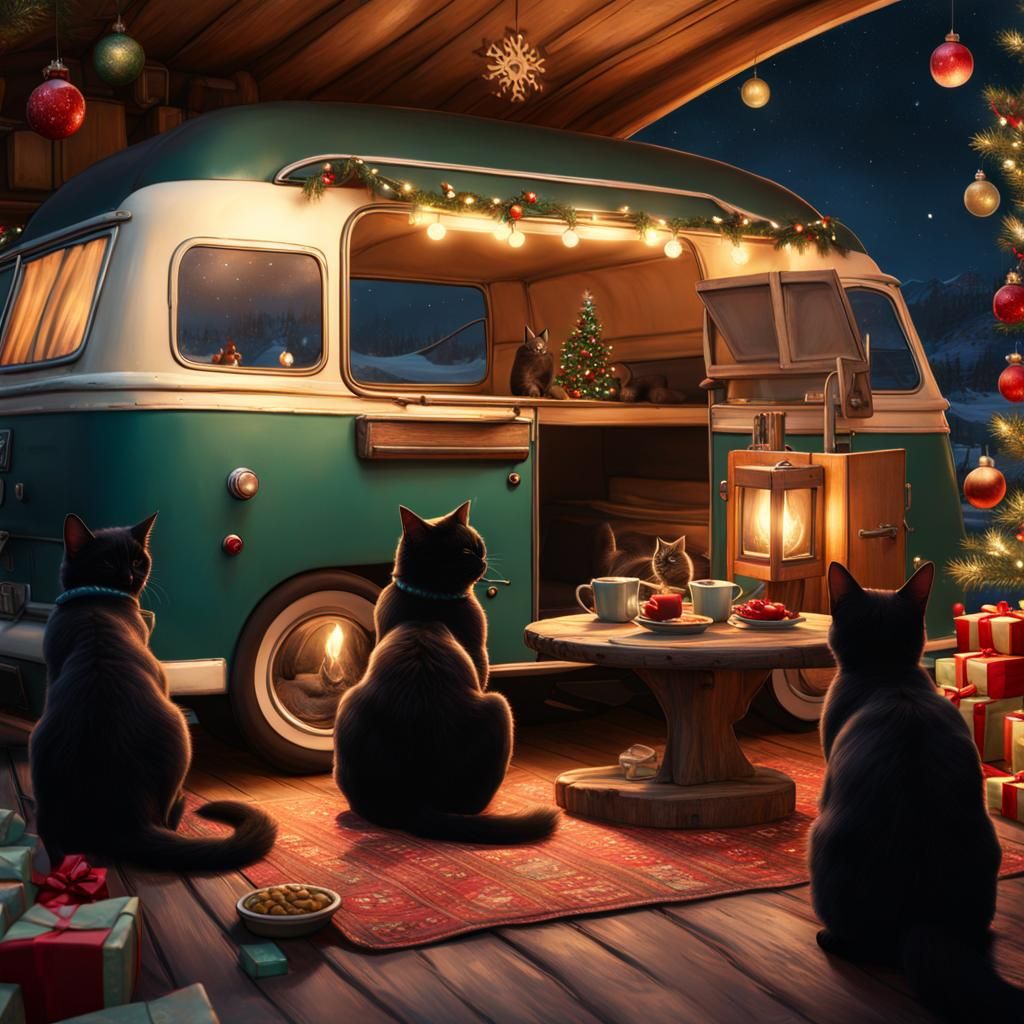 Black Cats' Christmas Dinner in Vintage Camper