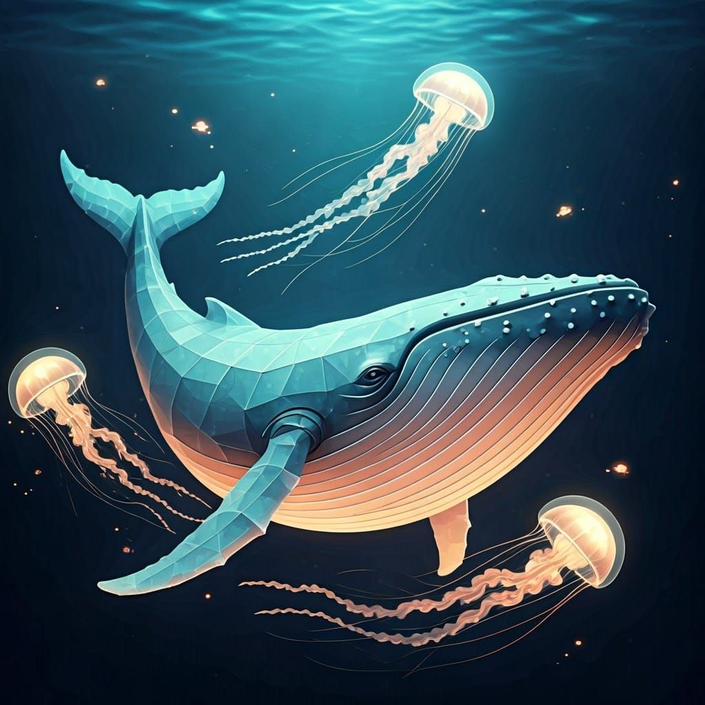 Ethereal Origami Whale in a Luminous Sea