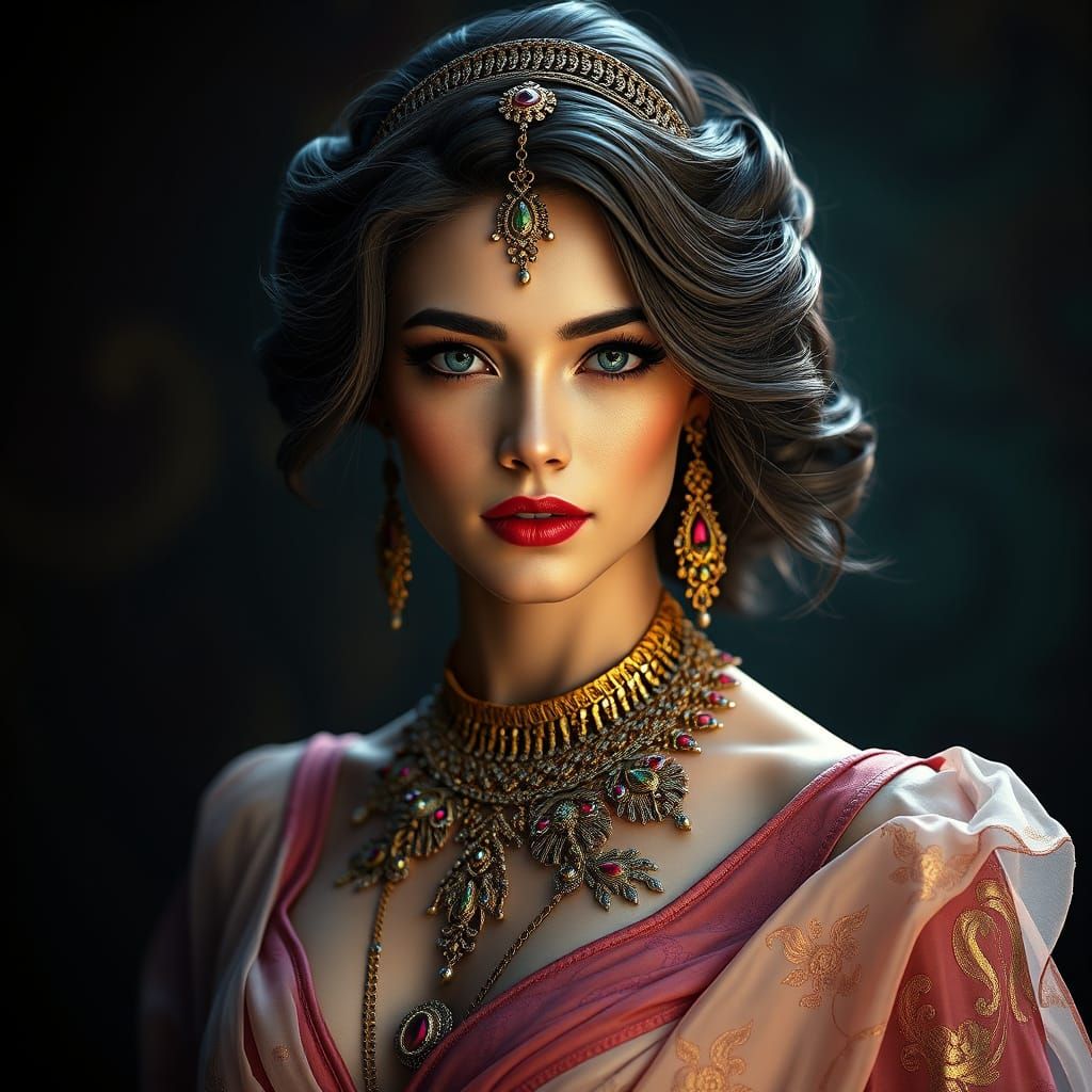 Elegant Woman Portrait with Ornate Jewelry and Lighting