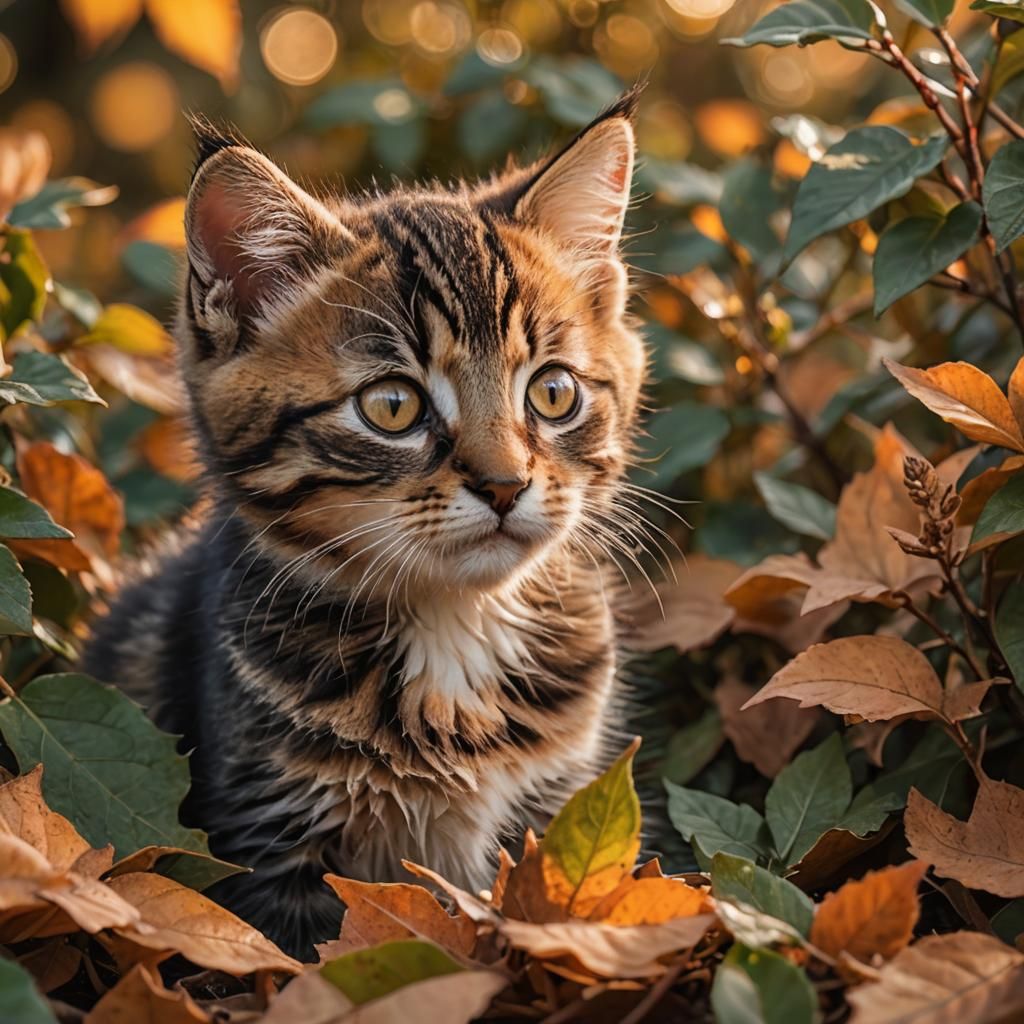 Kitten in Autumn Leaves: Golden Hour Wildlife Photography