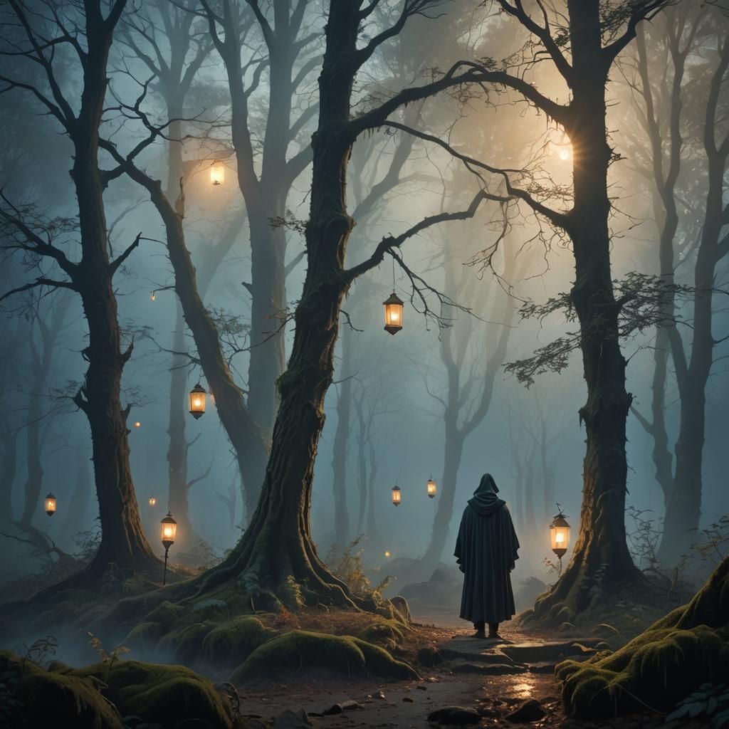 Cloaked Figure in Mystical Forest, Impressionist Style
