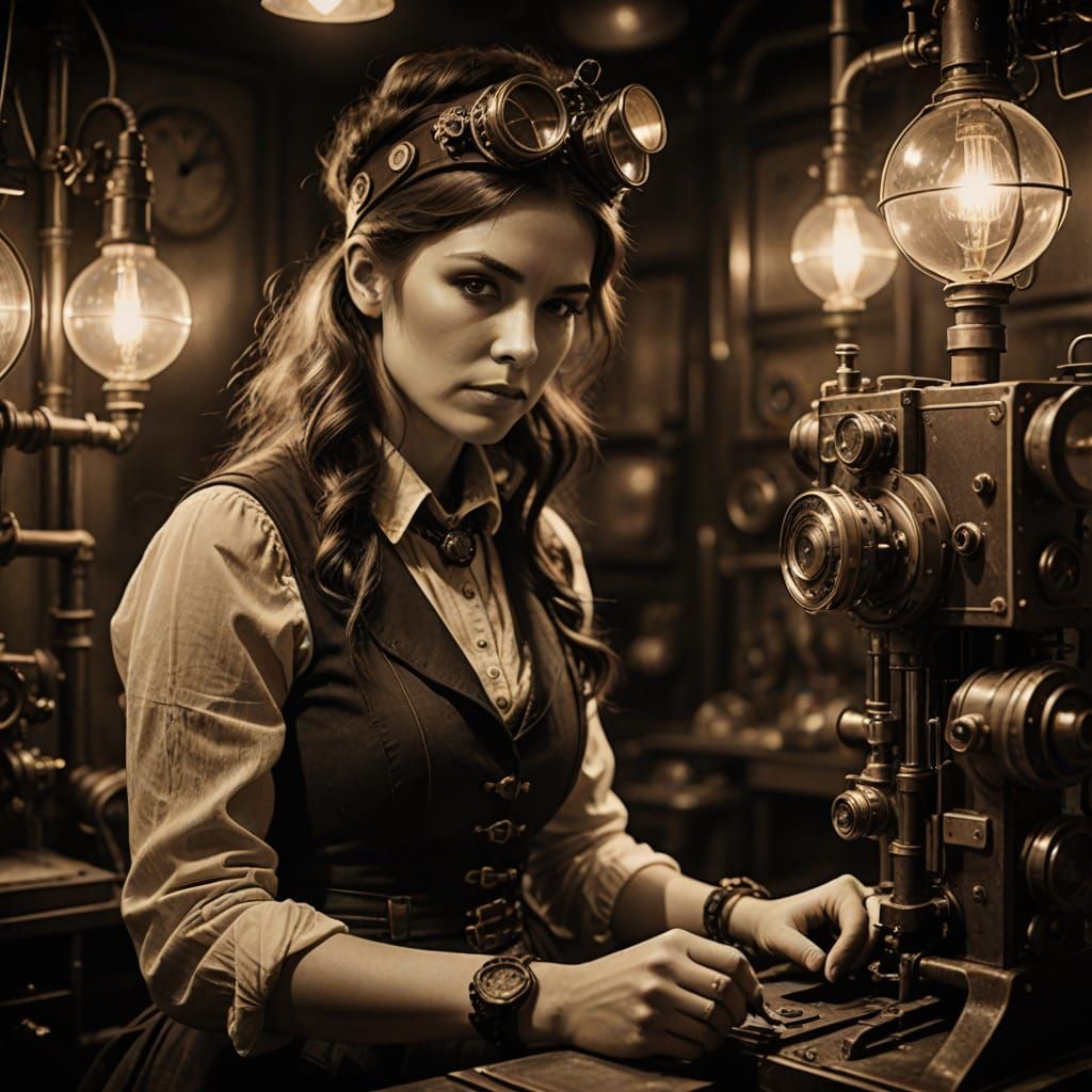 Steampunk Woman in Sepia Darkroom with Amber Glow