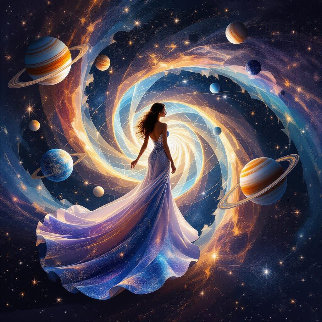 Woman in Shimmering Universe Dress Among Planets