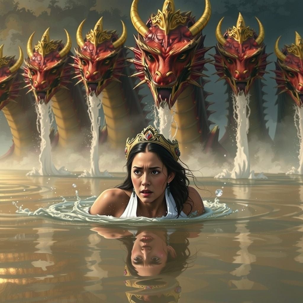 Regal Crimson Dragon Engulfs Frightened Woman in Turbulent W...