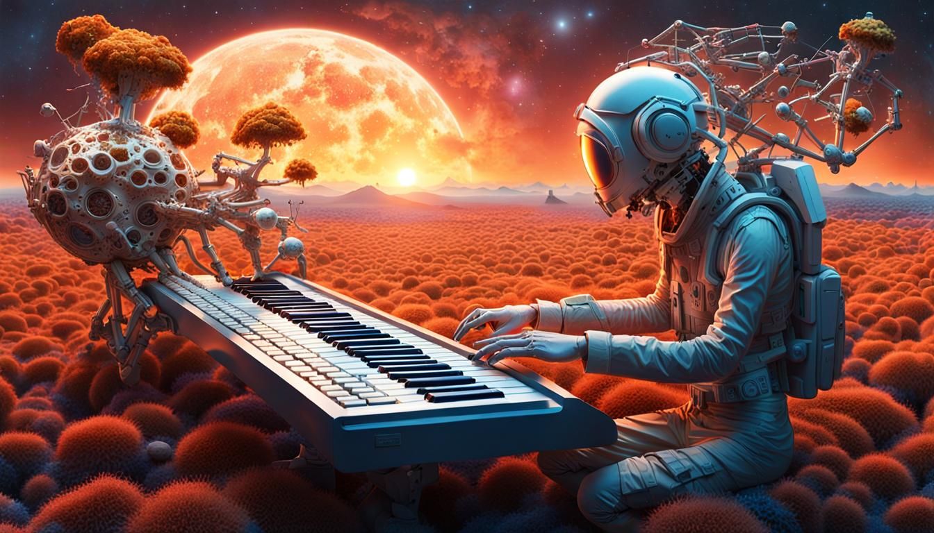 Surreal Robotic Mycelium Keyboard in Sunset Galaxy