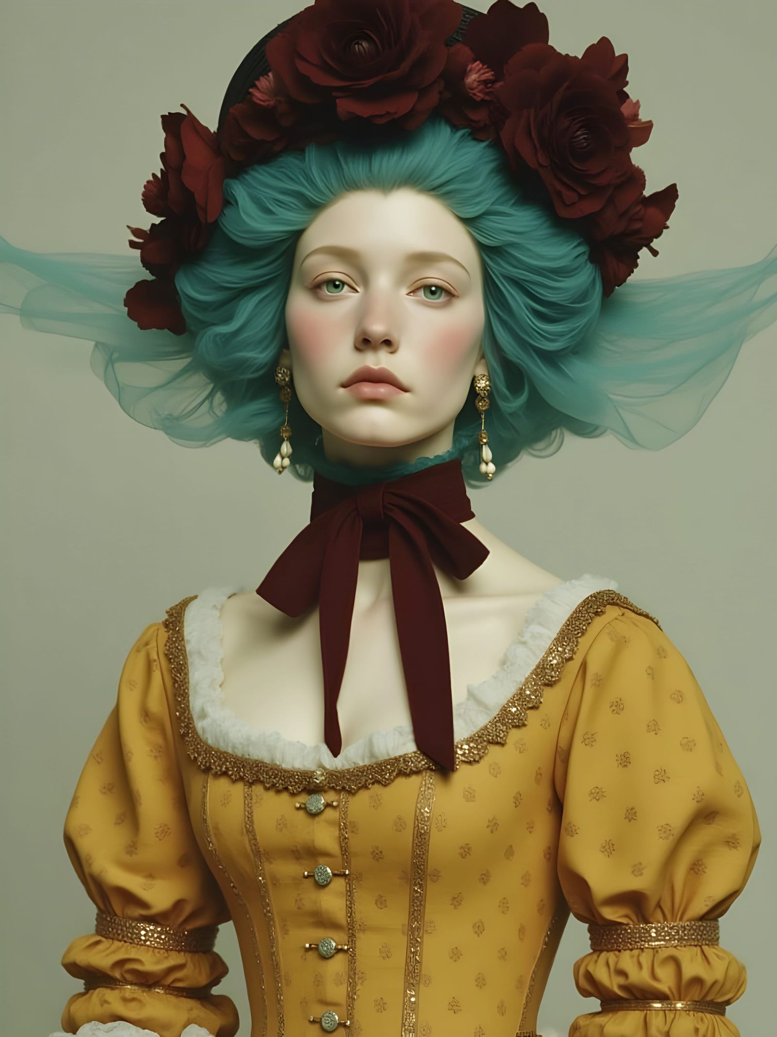 Victorian Woman in Mustard Dress and Turquoise Veil