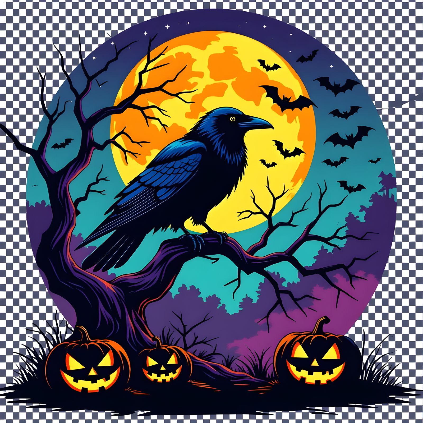 Mysterious Raven on Twisted Branch with Glowing Moon