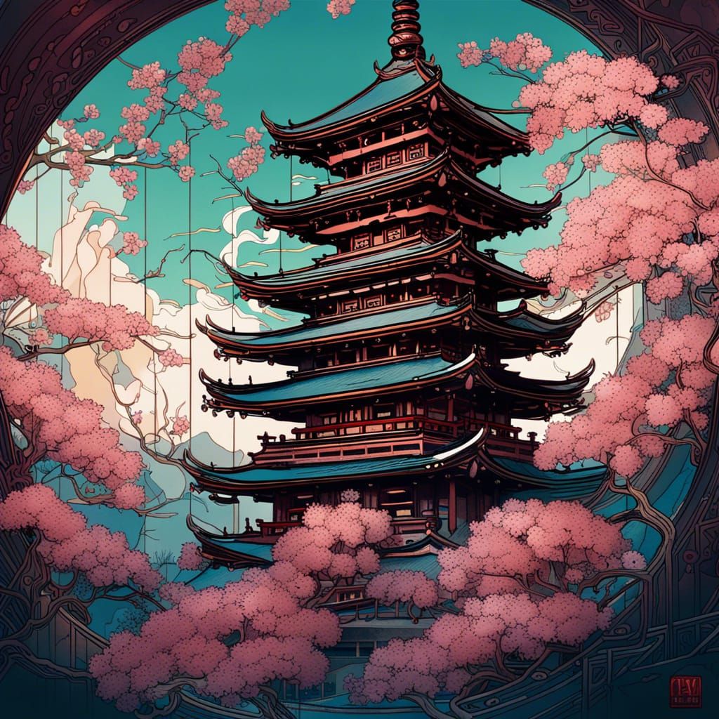 Japanese Pagoda in Art Nouveau Style