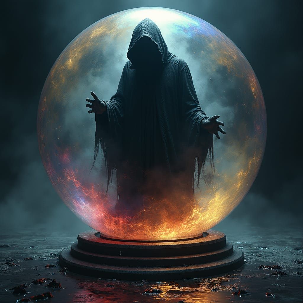 Spectral Grim Reaper in Prismatic Ball, Oil Slick Landscape