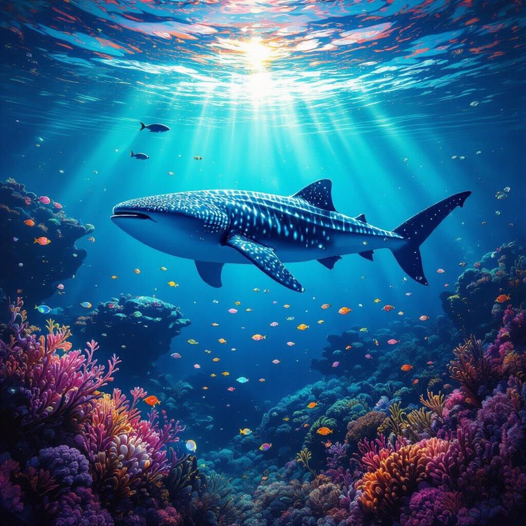 Whale Shark Glides Through Bioluminescent Coral Reef