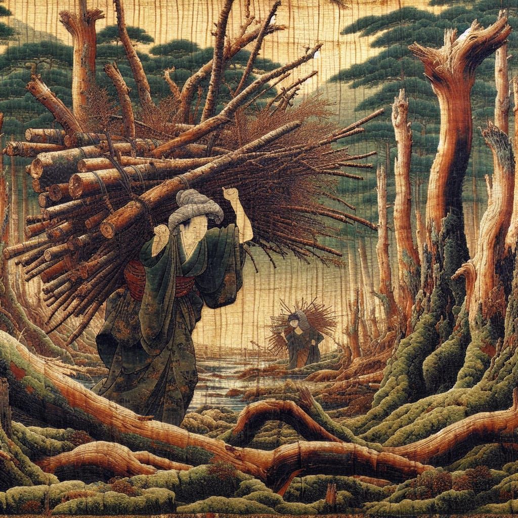 Japanese Fisherwoman Tapestry: Early 20th-Century Oil Painti...